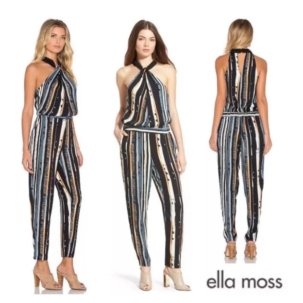 ELLA MOSS Rainforest Jumpsuit Stripe Print Halter Drop Waist Size Small